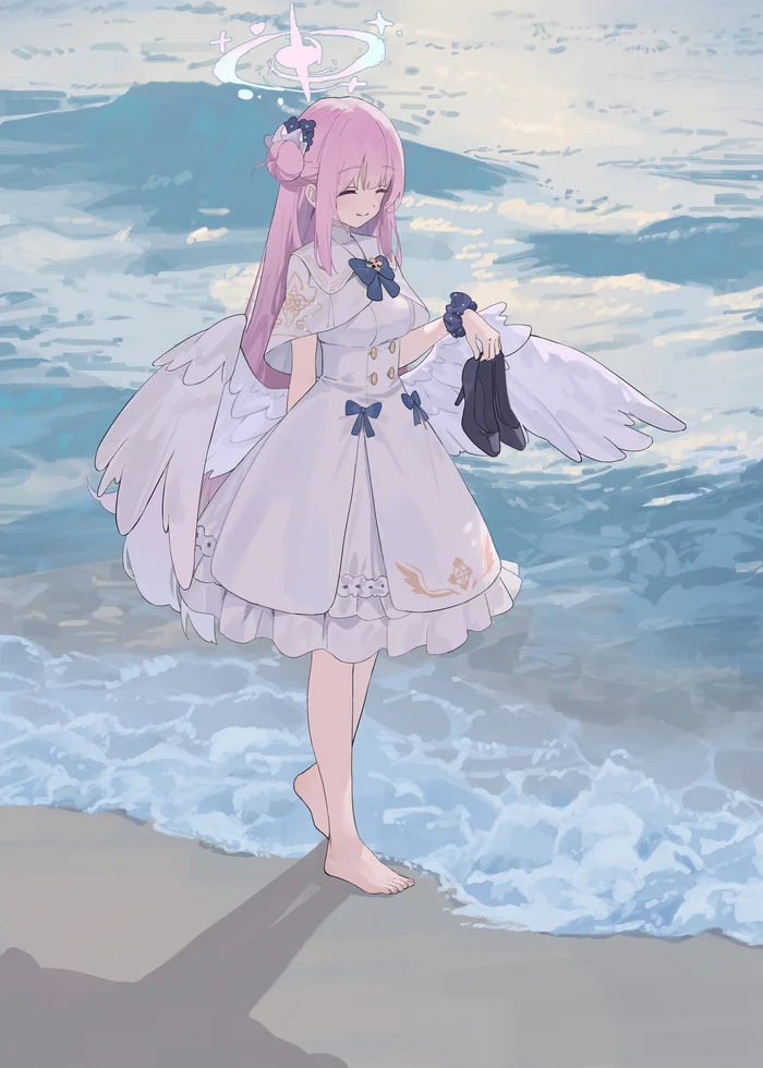 Misono Mika #009 - Anime, Anime art, Blue archive, Misono Mika, Beach, Girls, The dress, Shoes, Milota, Smile, Wings, Nimbus