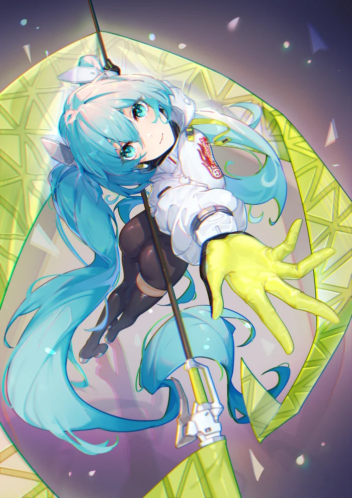 Hatsune Miku #152 - Anime, Anime art, Hatsune Miku, Girls, Long hair, Racing Miku, Flag, Bodysuit, Jacket, View from above, Vocaloid