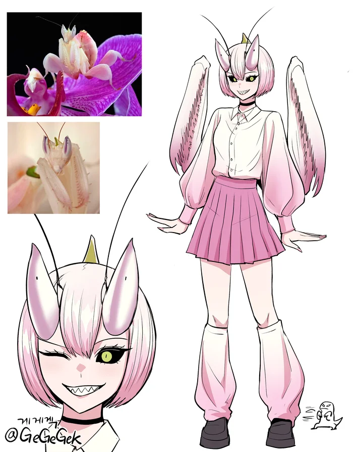 Continuation of the post “Humanization” - Art, Anime, Anime art, Humanization, Animal ears, Gegegekman, A wave of posts, Neko, Tail, Mantis, Reply to post