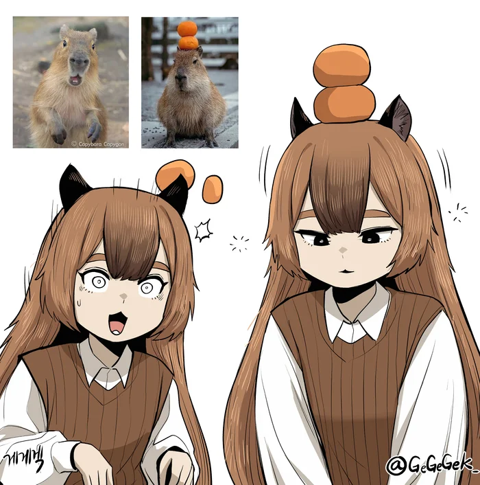 Continuation of the post “Humanization” - Art, Anime, Anime art, Humanization, Animal ears, Gegegekman, A wave of posts, Neko, Tail, Capybara, Reply to post