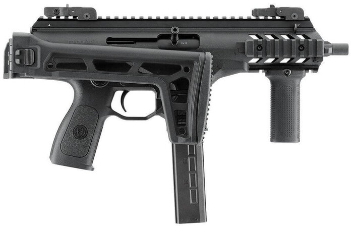 Umarex Beretta PMX со сложенными прикладом и механическими прицельными приспособлении