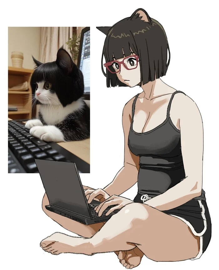 She has paws, but she codes. - Shiren (ourboy83), Art, Anime, Anime art, Original character, Animal ears, Glasses, Neko, Humanization