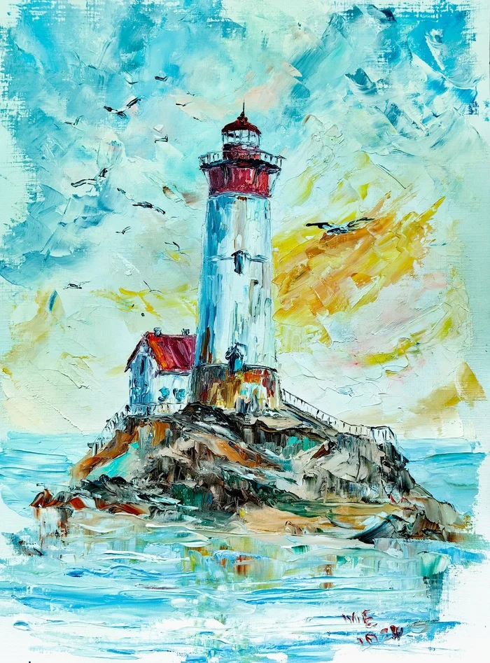 Such a pikabu - My, Peekaboo, Lighthouse, Painting, Impressionism, Sea, Oil painting