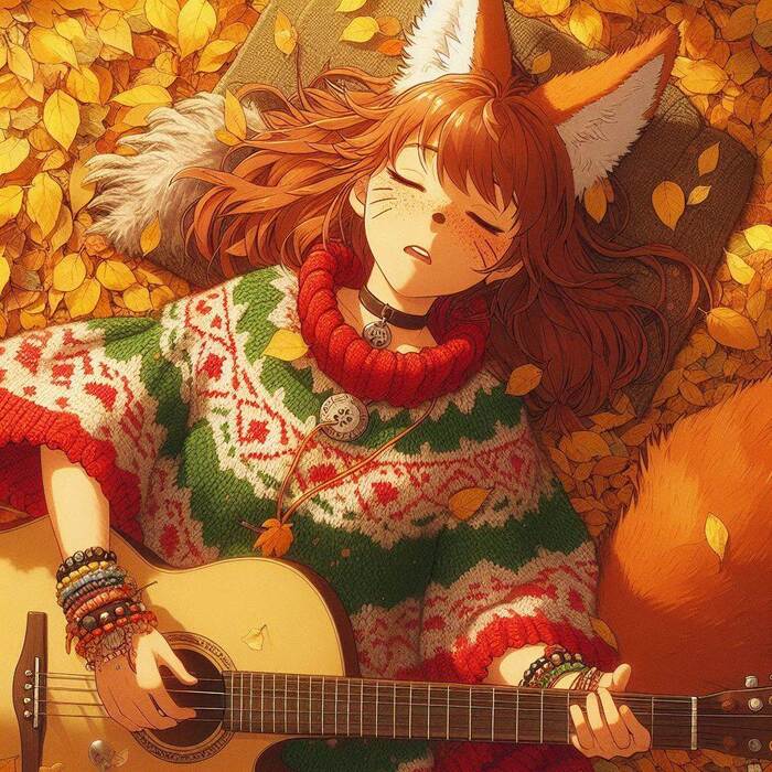 What is autumn? - My, Art, Neural network art, Нейронные сети, Ginger & White, Anime art, Girls, Anime, Original character, Kitsune, Animal ears, Guitar, Song, Autumn, Longpost