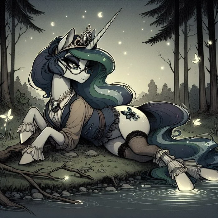 Good night to all - My, My little pony, Princess celestia, Anthro, Neural network art, Lake, dust, Cloth, Longpost