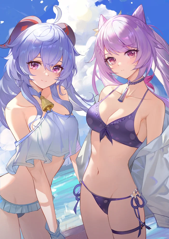 Ke Qing and Gan Yu - Anime, Anime art, Genshin impact, Ganyu (Genshin Impact), Keqing (Genshin Impact), Girls, Beach, Bikini, Clouds, Stomach, Swimsuit, Girl with Horns, Bells