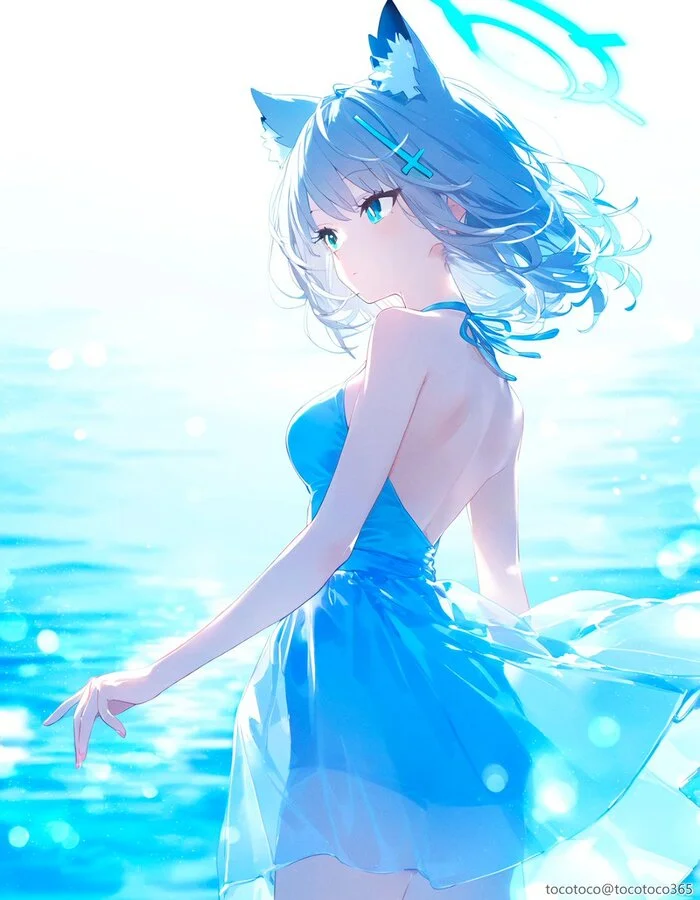 Shiroko - Аниме, Anime Art, Sunaookami Shiroko, Blue archive, Море, Девушки, Animal Ears, Арты нейросетей