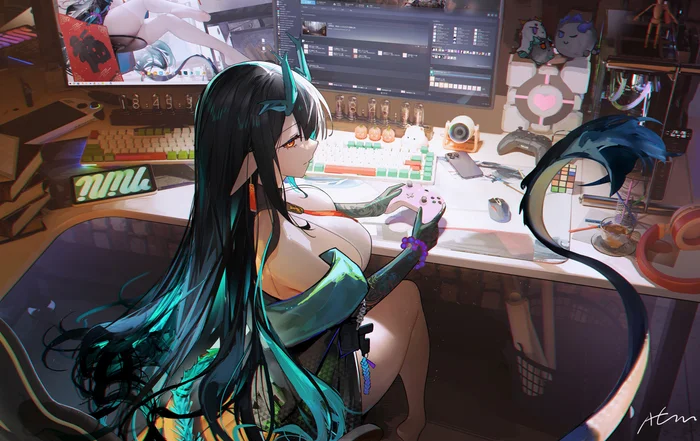 Evening game - Anime art, Anime, Arknights, Dusk (Arknights), Omone Hokoma Agm, Tail, Game art, Steam, Gamepad