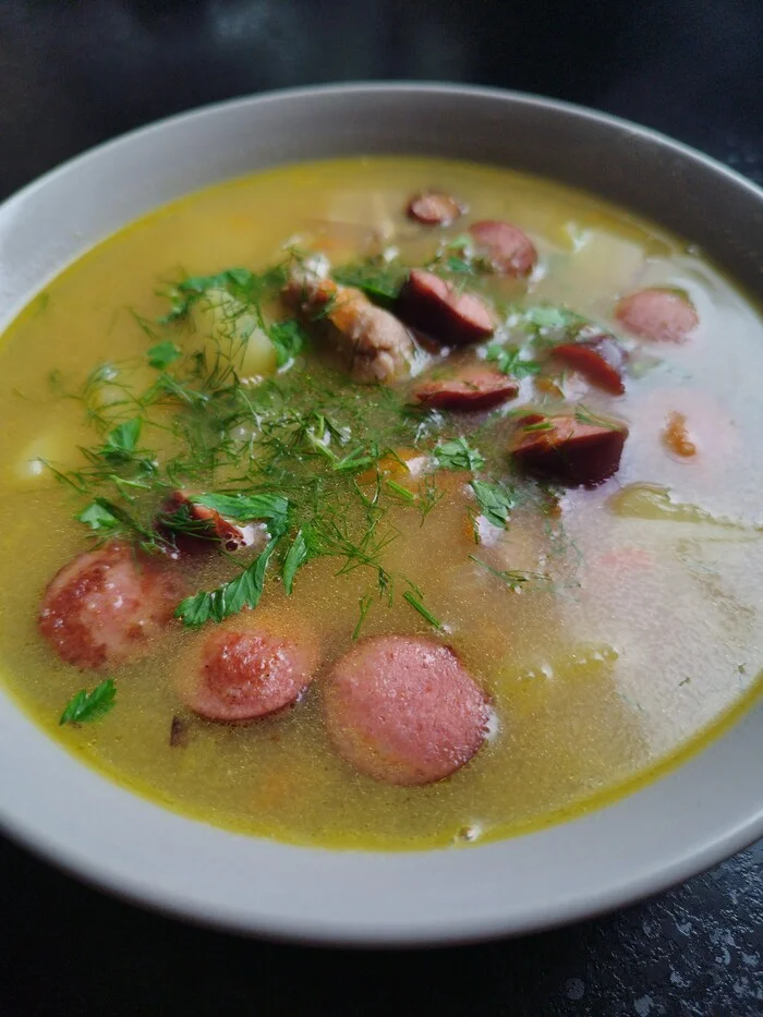 Axe porridge: pea soup with chicken and smoked sausages - My, Recipe, Ax porridge, Budgetary, Food, Saving, cat, Sphinx, Cooking, Longpost, Preparation