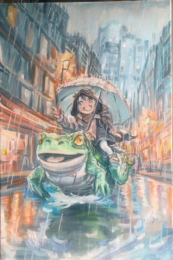 I'm a simple man - Tuesday has come and I draw a frog and a girl in the rain - Oil painting, Anime, Klimov, Groundhog Day