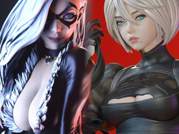 Black Cat and 2B: Spiritual Sisters in the World of Superheroes and Cyberpunk? - My, 3D печать, 3D printer, Painting, Figurines, Collectible figurines, Marvel, Black Cat (Marvel Comics), Yorha unit No 2 type B, NIER Automata, Needlework without process, Comics, Games, Action, beauty, Collecting, 3D modeling, Longpost, Action, Collection, Presents