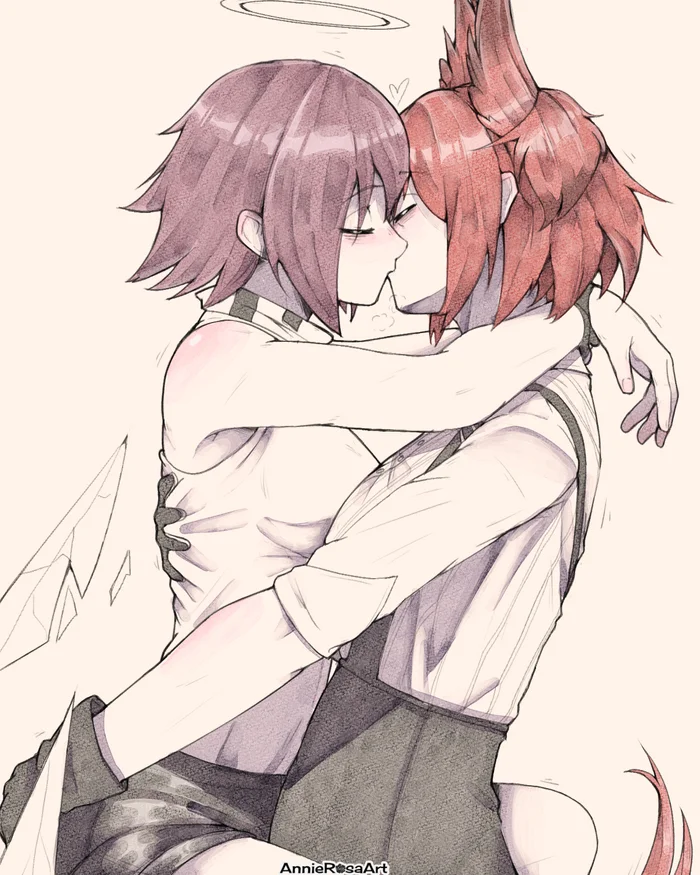 Exusiai & Fiammetta - Anime art, Anime, Friend, Yuri, Arknights, Exusiai, Fiammetta, Kiss, Hugs