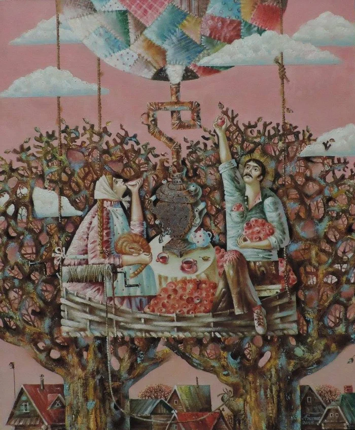 Apple Picnic - My, Painting, Modern Art, Art, Canvas, Tempera, Surrealism, Author's painting, Apples, Apple tree, Tea drinking, Painting, Samovar, Balloon, cat, Village, Autumn