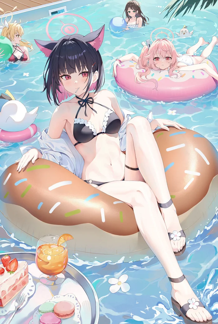 Sweets - Anime art, Anime, Blue archive, Ibaragi Yoshimi, Kurimura Airi, Kyouyama Kazusa, Yutori Natsu, Swimsuit, Swimming pool, Animal ears