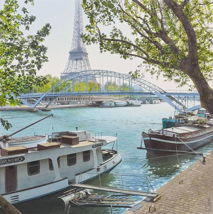 Thierry Duval (1957), 2 pniches et la passerelle Debilly, 2015, paper, watercolor. 55x55 cm - Art, Painting, Painting, Watercolor paper, Watercolor, Modern Art, 2015