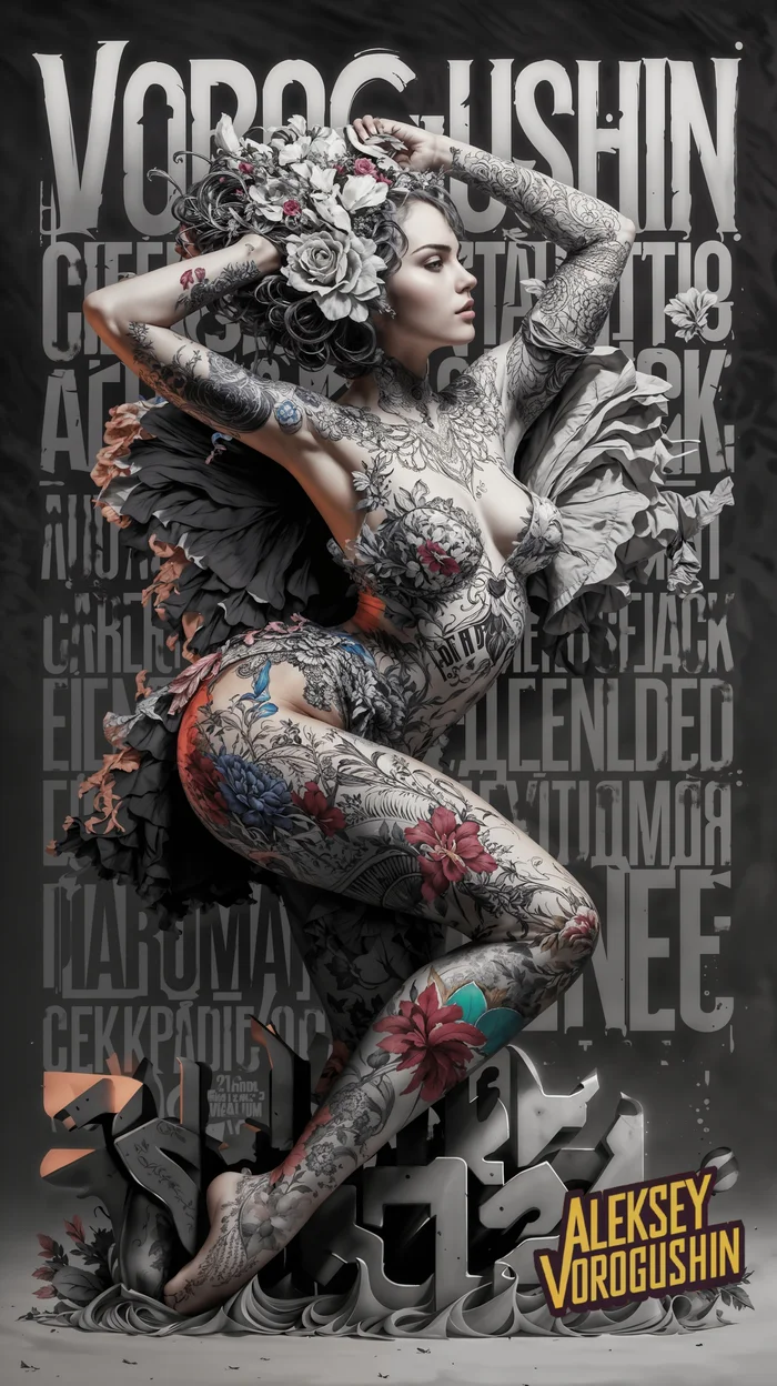 Contemporary artist: Vorogushin Alexey Gennadievich. Elegant woman with flowers and tattoo in the style of modern baroque. AI artist - My, Нейронные сети, Digital, Phone wallpaper, Neural network art, Dall-e, Desktop wallpaper, Computer graphics, Modern Art, Flowers, Artificial Intelligence, Girls, Girl with tattoo, Longpost