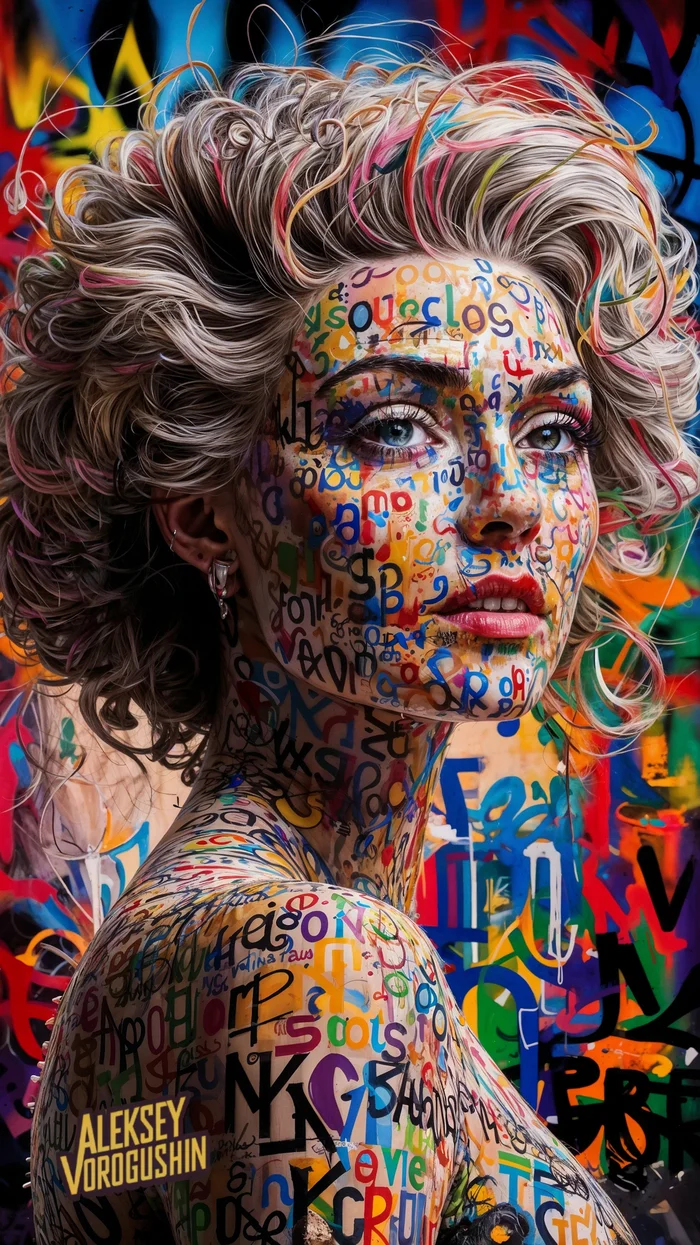 Contemporary artist: Vorogushin Alexey Gennadievich. Bright abstract portrait of a woman in street art style with elements of surrealism - My, Нейронные сети, Phone wallpaper, Digital, Neural network art, Desktop wallpaper, Computer graphics, Modern Art, Girls, Artificial Intelligence, Dall-e, Longpost, Repeat