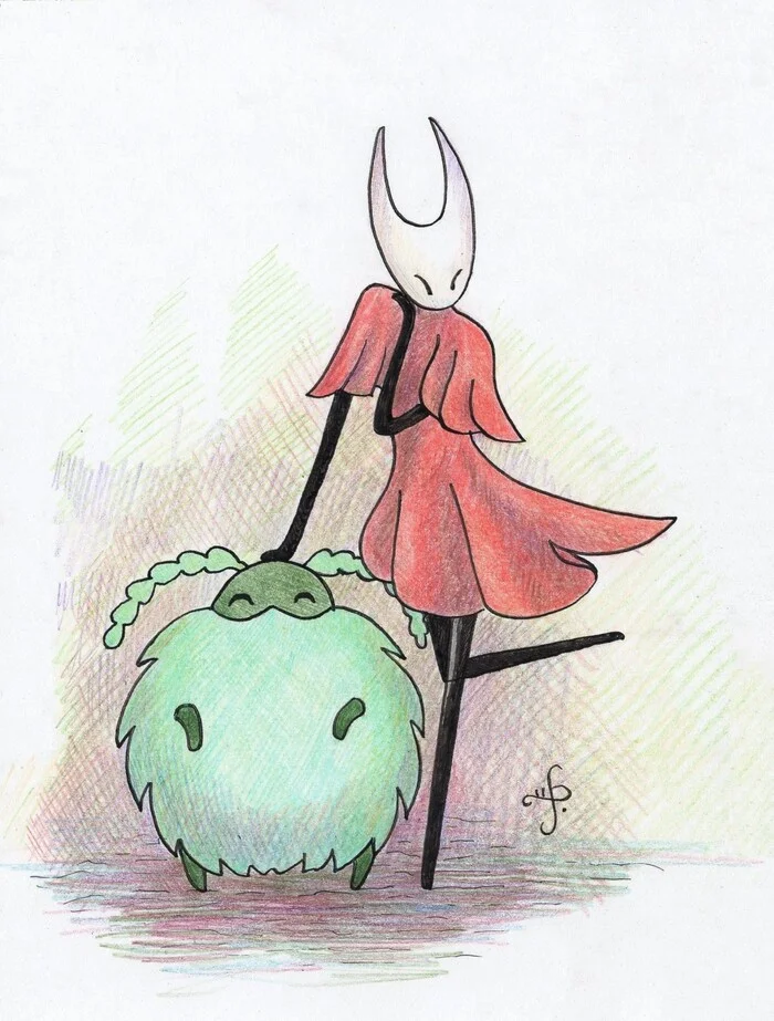 Altushka and skuf - My, Hornet, Hollow knight, Drawing, Colour pencils