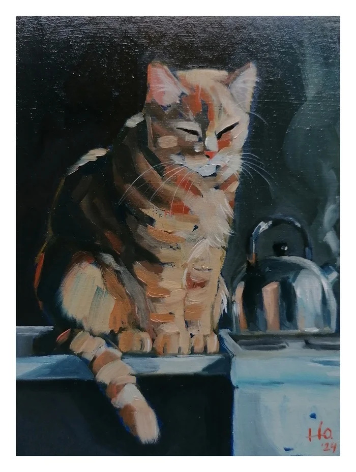 Kettle - My, Painting, Oil painting, Author's painting, Artist, Etude, Painting, cat, Redheads, Art, Cat lovers, Pets, Animalistics