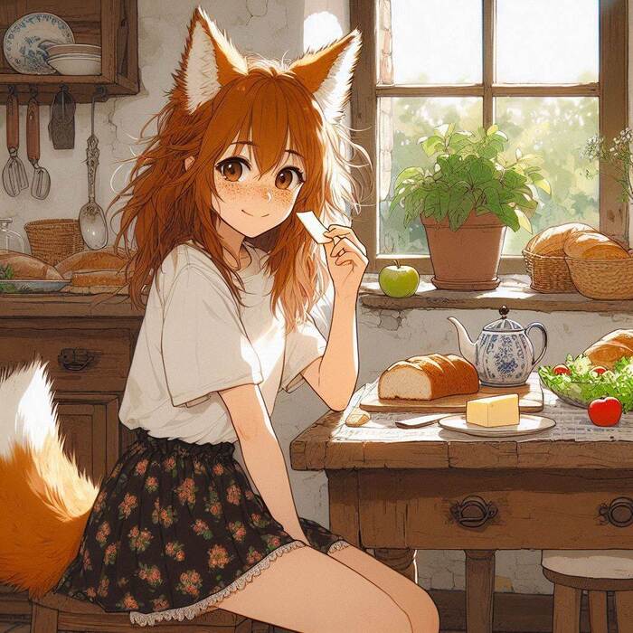 Winter never goes to this store! - My, Neural network art, Art, Anime art, Нейронные сети, Girls, Anime, Kitsune, Animal ears, Tail, Redheads, Freckles, Cheese, Ginger & White, Original character, Longpost