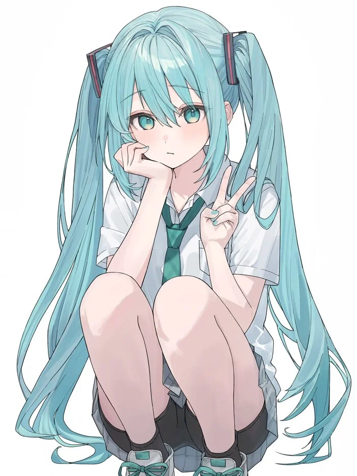 Hatsune Miku #156 - Anime, Anime art, Hatsune Miku, Girls, Long hair, Shirt, Tie, Sneakers, Shorts, Embarrassment, Sitting