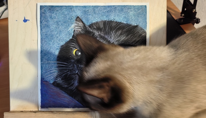 Кися обеспокоено несколько раз обнюхивала рисунок и мяукала) Видимо, черные котики в ее вкусе))) Тут заметен этот эффект hdr дурацкий, но оттенки фона лучше передает)