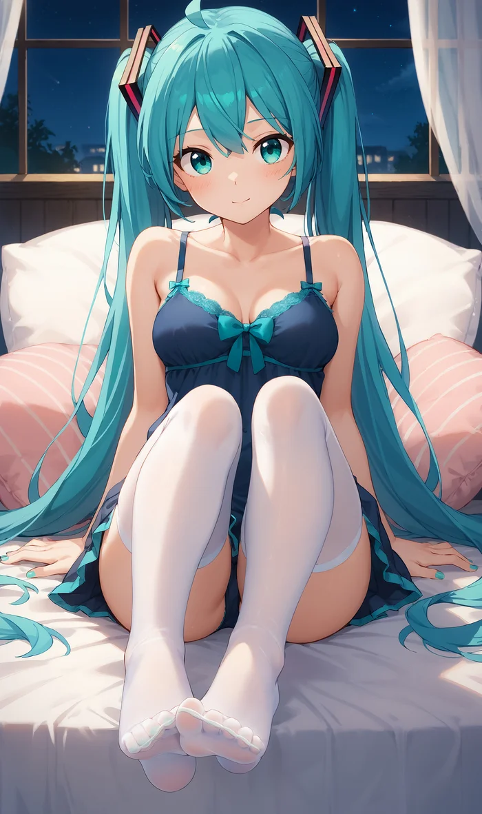 Friday Miku #8.2: Good night, people of high culture and admirers of our candidate! - My, Neural network art, Stable diffusion, Girls, Anime art, Portrait, Stockings, Colorful hair, Blue eyes, Hatsune Miku, Nightie, Legs, Bed, Pillow, Milota, Foot fetish, Sits well