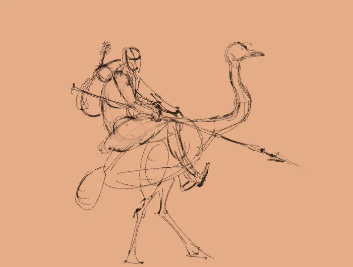 Ostrich Uhlan - My, Drawing, Digital drawing, Cavalry, Ostrich, Rider, Drawing process, Longpost