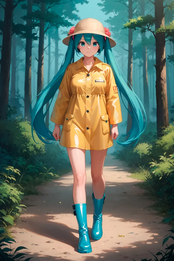 Friday Miku #8: Something tells me that this is not the way to catch fish - My, Neural network art, Stable diffusion, Girls, Anime art, Portrait, Hatsune Miku, Fishing, Cloak, Rubber boots, Forest, River, And so it will do, Blue eyes, Colorful hair, Longpost