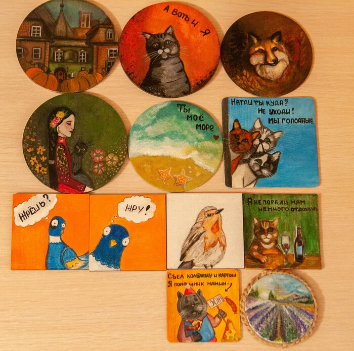 Soulful motives in ordinary fridge magnets - My, Magnets, Decor, Handmade, Распродажа, Painting, Author's painting, Acrylic, Canvas, Miniature, Funny animals, Paints, Animalistics, Humor, Painting, Fat cats, Sea, Demotivator, Needlework without process