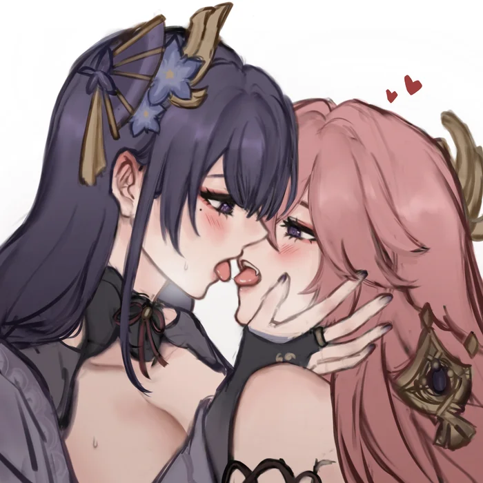 The foxes are kissed - Anime art, Anime, Friend, Yuri, Genshin impact, Raiden Shogun (Genshin Impact), Raiden Makoto, Yae Miko (Genshin Impact), Kitsune Saiguu, Animal ears, Kiss, LGBT