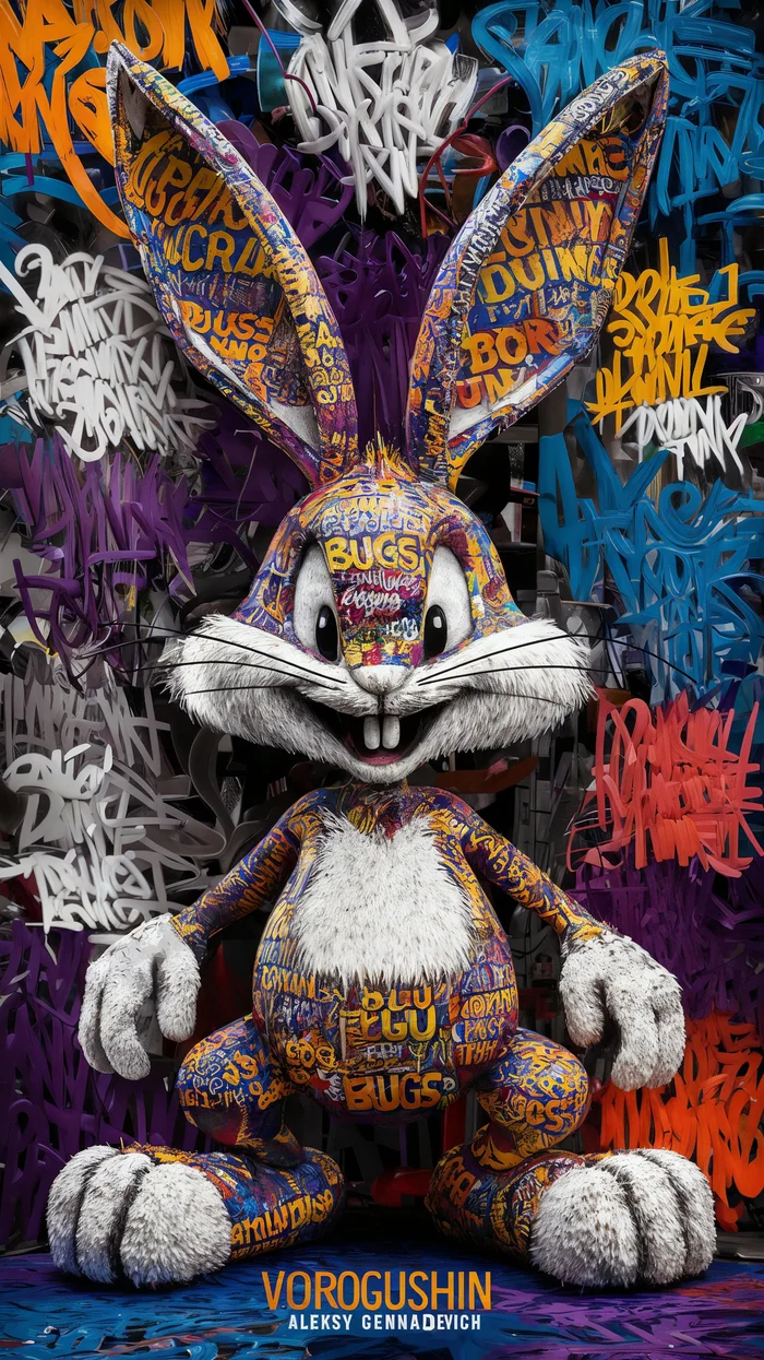 Contemporary artist: Vorogushin Alexey Gennadievich. Bright abstract Bugs Bunny in street art style with elements of surrealism. AI artist - My, Dall-e, Нейронные сети, Digital, Phone wallpaper, Neural network art, Art, Desktop wallpaper, Street art, Computer graphics, Bugs Bunny, Art, Modern Art, Artificial Intelligence, Digital drawing, Surrealism, Abstraction, Abstractionism, Cover, Artist, Longpost