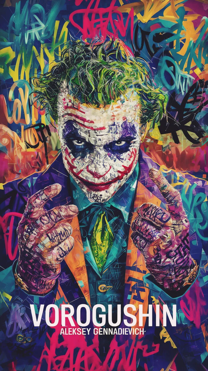 Contemporary artist: Vorogushin Alexey Gennadievich. Bright abstract Joker in street art style with elements of surrealism. AI artist - My, Нейронные сети, Digital, Phone wallpaper, Dall-e, Neural network art, Art, Desktop wallpaper, Street art, Computer graphics, Art, Modern Art, Joker, Artificial Intelligence, Digital drawing, Surrealism, Abstraction, Abstractionism, Cover, Artist, Longpost