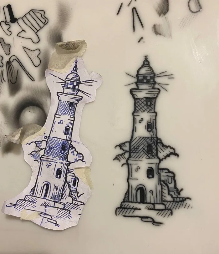 My first picture - My, Tattoo, Tattoo sketch, Drawing, Lighthouse, Ink, Art