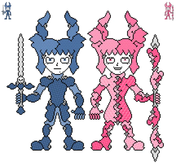 Igor and Svetlana - My, Pixel Art, Art, Original character, Girls, Men, Men and women, Twins, Brother, Sisters, Brothers and sisters, Doll, Puppets, Demon, Knights, Princess