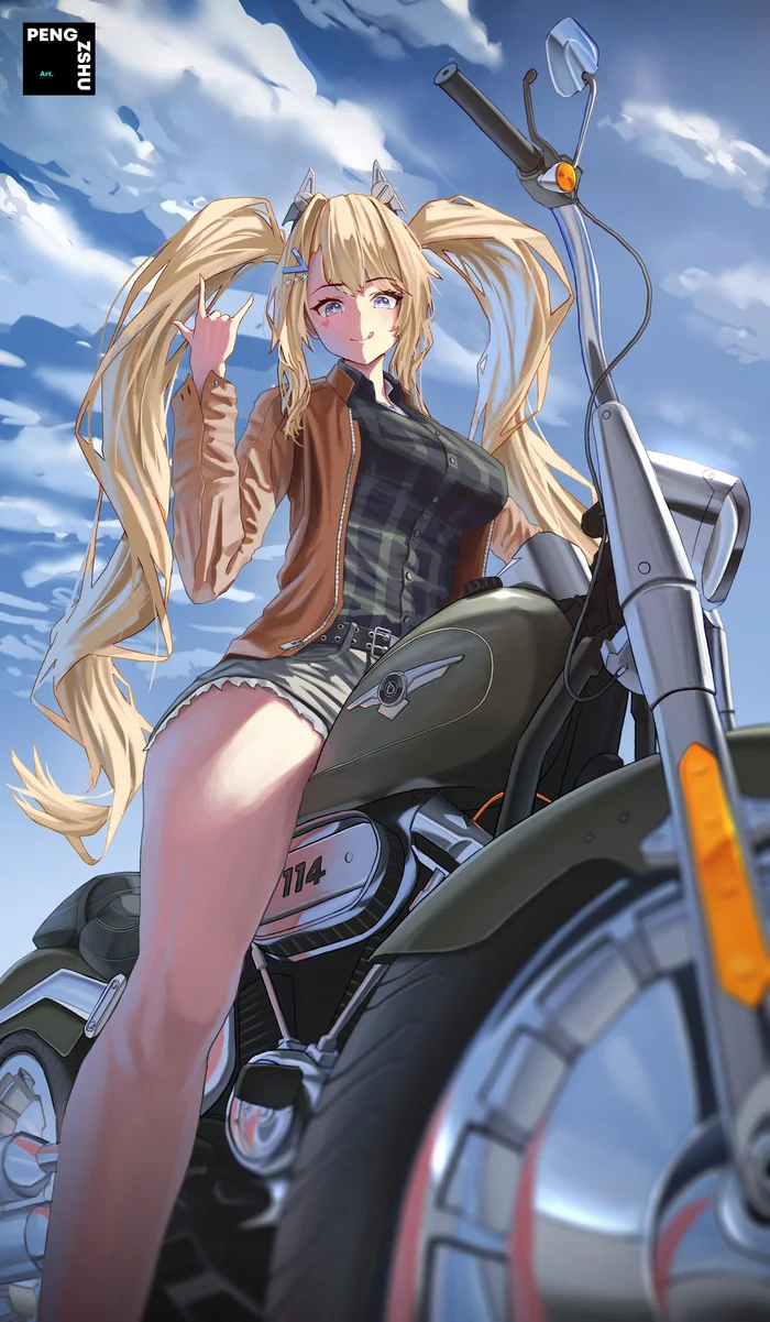 Гуам [автор: pengzshu] - Моё, Аниме, Anime Art, Azur Lane, Мото, Harley-Davidson, Цифровой рисунок, Арт