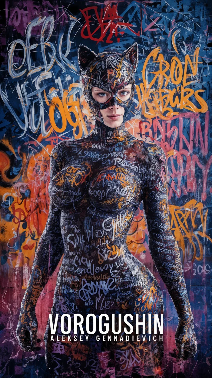 Contemporary artist: Vorogushin Alexey Gennadievich. Bright abstract Catwoman in street art style with elements of surrealism - My, Dall-e, Нейронные сети, Phone wallpaper, Digital, Neural network art, Art, Desktop wallpaper, Street art, Catwoman, Computer graphics, Art, Modern Art, Surrealism, Abstraction, Abstractionism, Digital drawing, Artificial Intelligence, Artist, Girls, Longpost