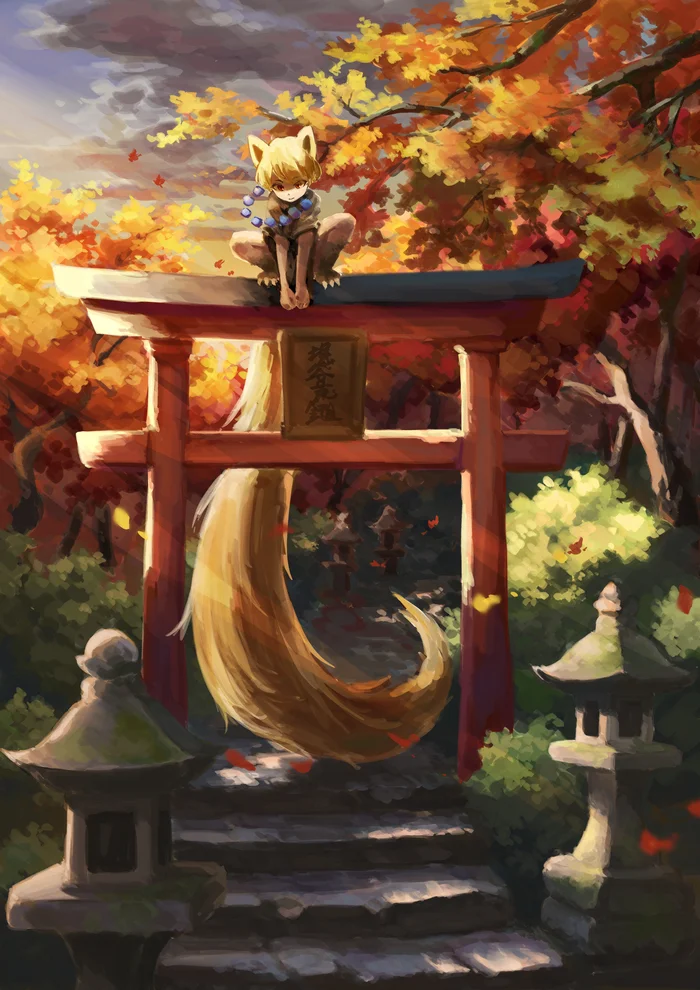 The fox living in the sanctuary - Furry, Art, Anthro, Furry art, Furry fox, Sanctuary, Torii