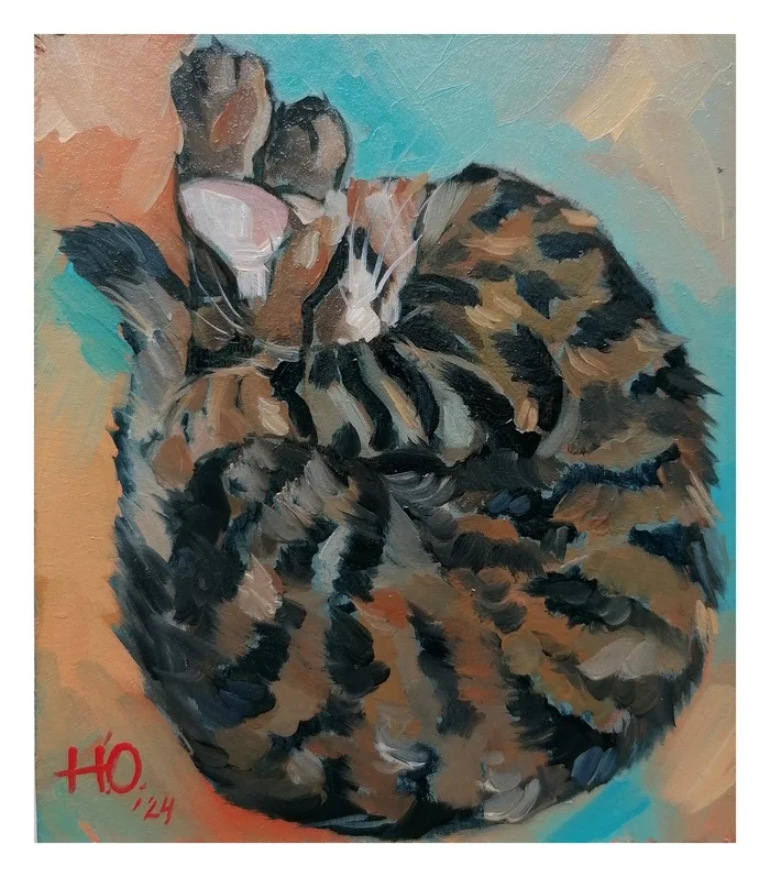 Sleeping - My, cat, Pets, Etude, Fat cats, Cat lovers, Oil painting, Striped, Butter, Painting, Artist, Art, Animalistics, Author's painting