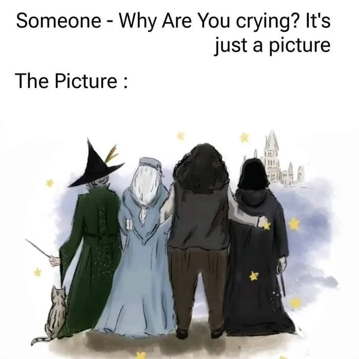 Why are you crying? It's just a drawing. - Harry Potter, Characters (edit), Actors and actresses, Death, Drawing, Maggie Smith, Michael Gambon, Robbie Coltrane, Alan Rickman, Picture with text, Richard Harris