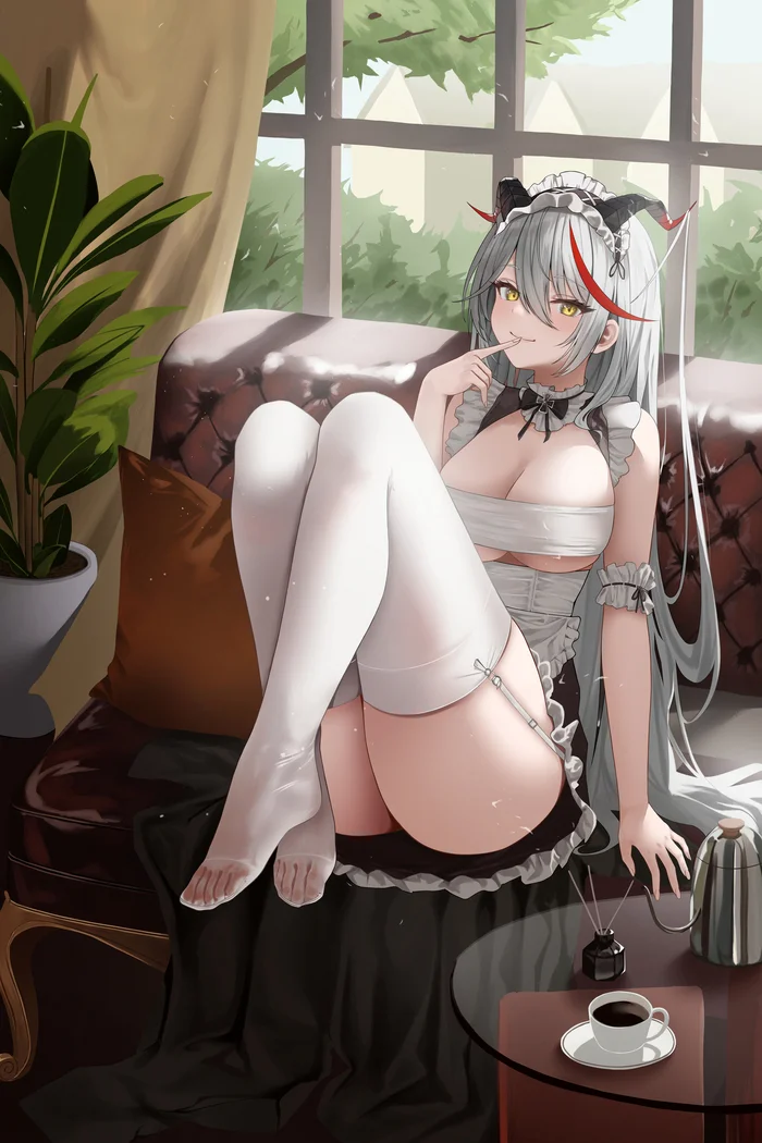 Aegir - Anime art, Anime, Azur lane, Aegir, Dlnk, Girl with Horns, Housemaid, Stockings