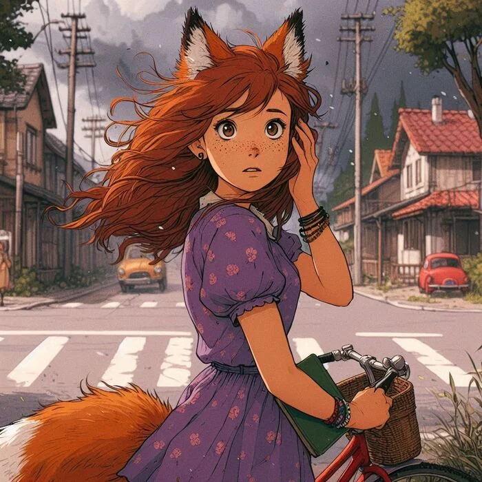 Hurricane (e02) - My, Neural network art, Art, Anime art, Нейронные сети, Girls, Original character, Animal ears, Tail, Kitsune, Redheads, Freckles, Hurricane, Village, Ginger & White, Longpost