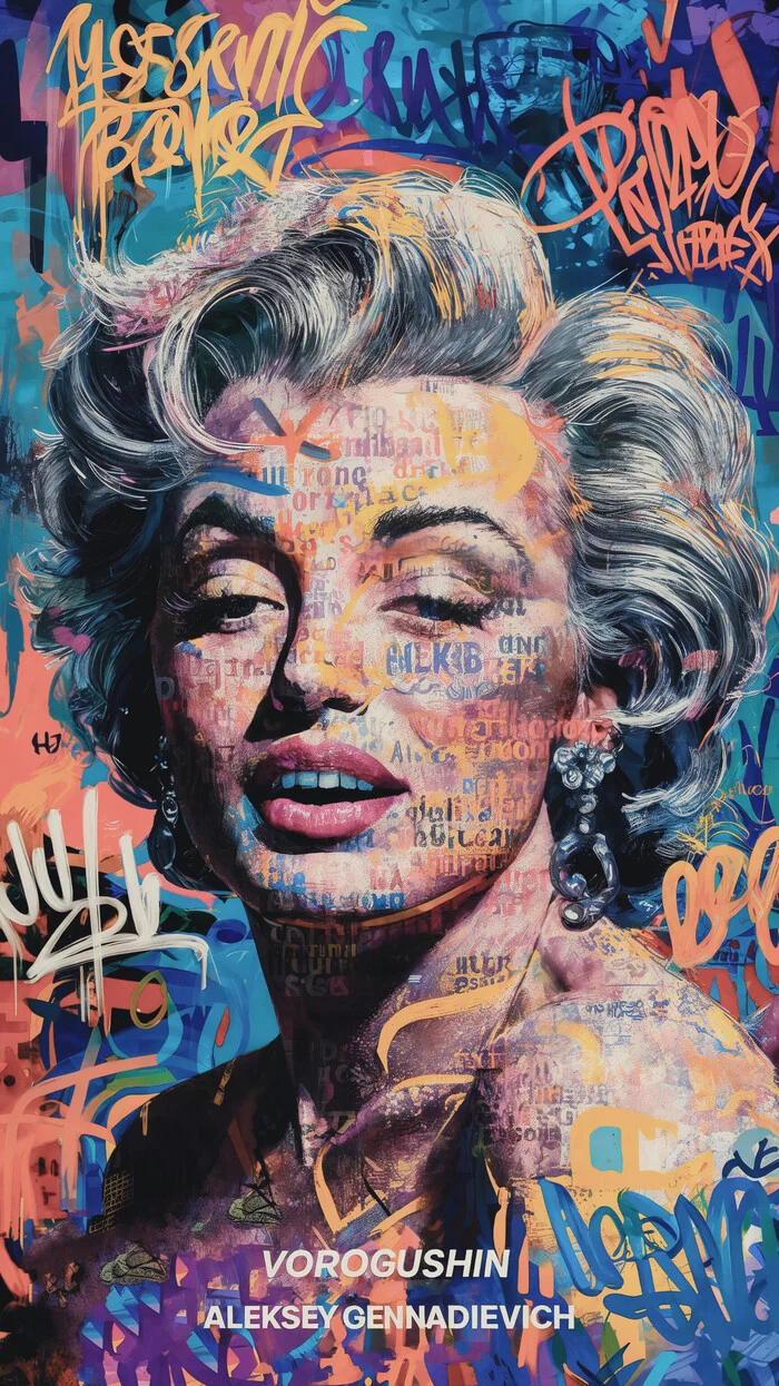 Contemporary artist: Vorogushin Alexey Gennadievich. Bright abstract portrait of Marilyn Monroe in street art style with elements of surrealism - My, Нейронные сети, Dall-e, Digital, Phone wallpaper, Neural network art, Art, Desktop wallpaper, Street art, Computer graphics, Marilyn Monroe, Art, Modern Art, Surrealism, Abstraction, Abstractionism, Girls, Cover, Artificial Intelligence, Digital drawing, Artist, Longpost, Graffiti