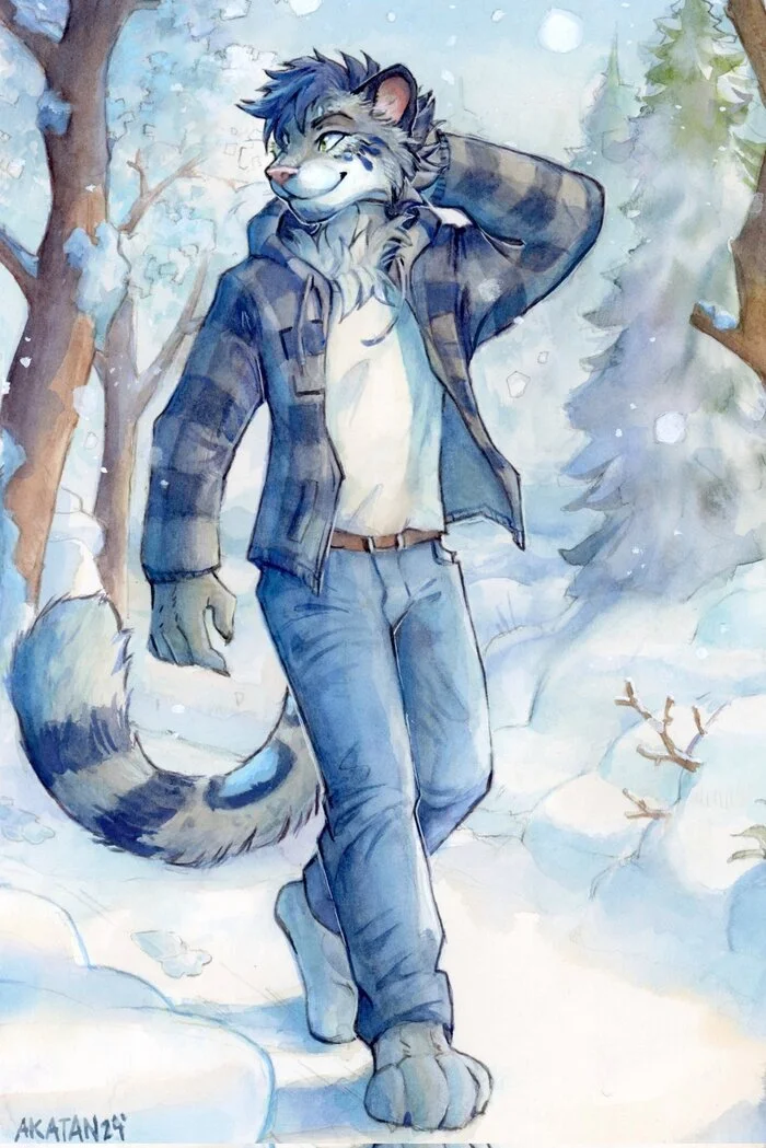 Снежный барсик - Фурри, Akatan, Furry snow leopard, Furry Feline, Зима, Лес, Furry Art, Арт, Традиционный арт