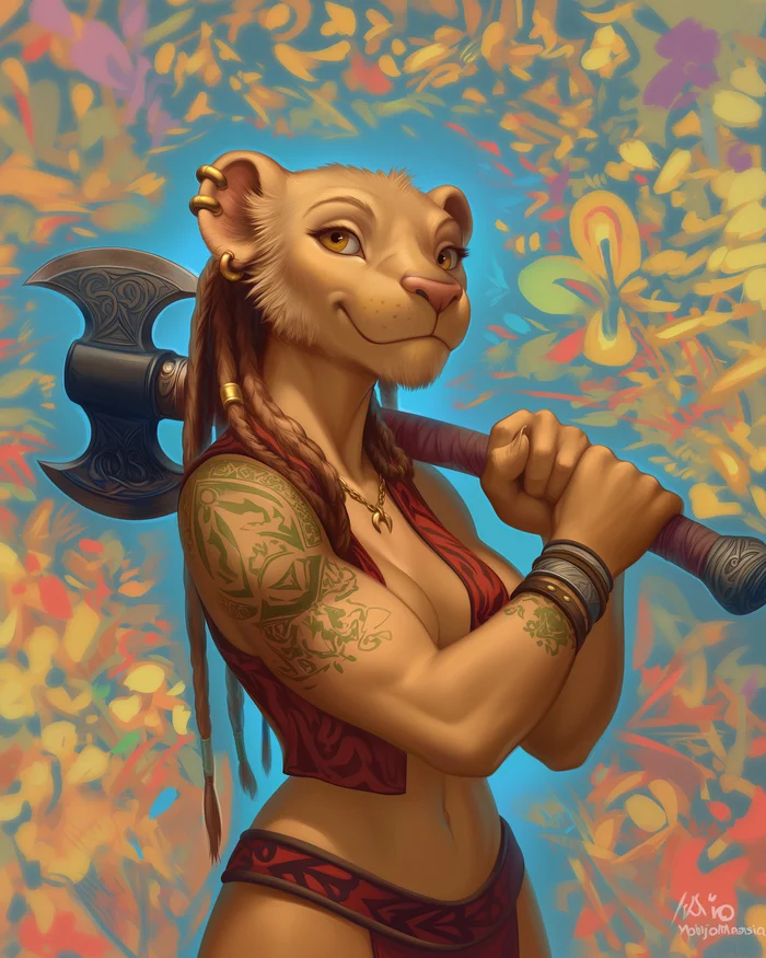 Varvara the Leonin - My, Neural network art, Midjourney, Pinanoc, Barbarian, Barbarian, Barbara, Girls, Dungeons & dragons