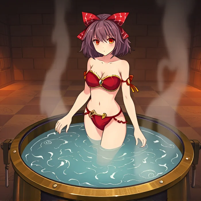 Girls bathe in hot water - Girls, Bathing, Hot water, Longpost, Anime, Art, Swimsuit