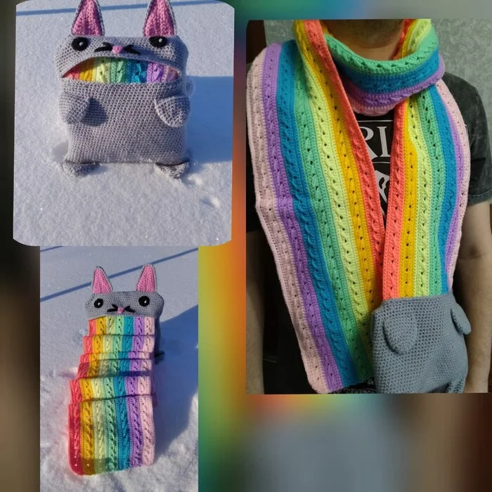 Rainbow scarf and cat bag - My, Amigurumi, Needlework without process, Knitted toys, Knitting, Crochet