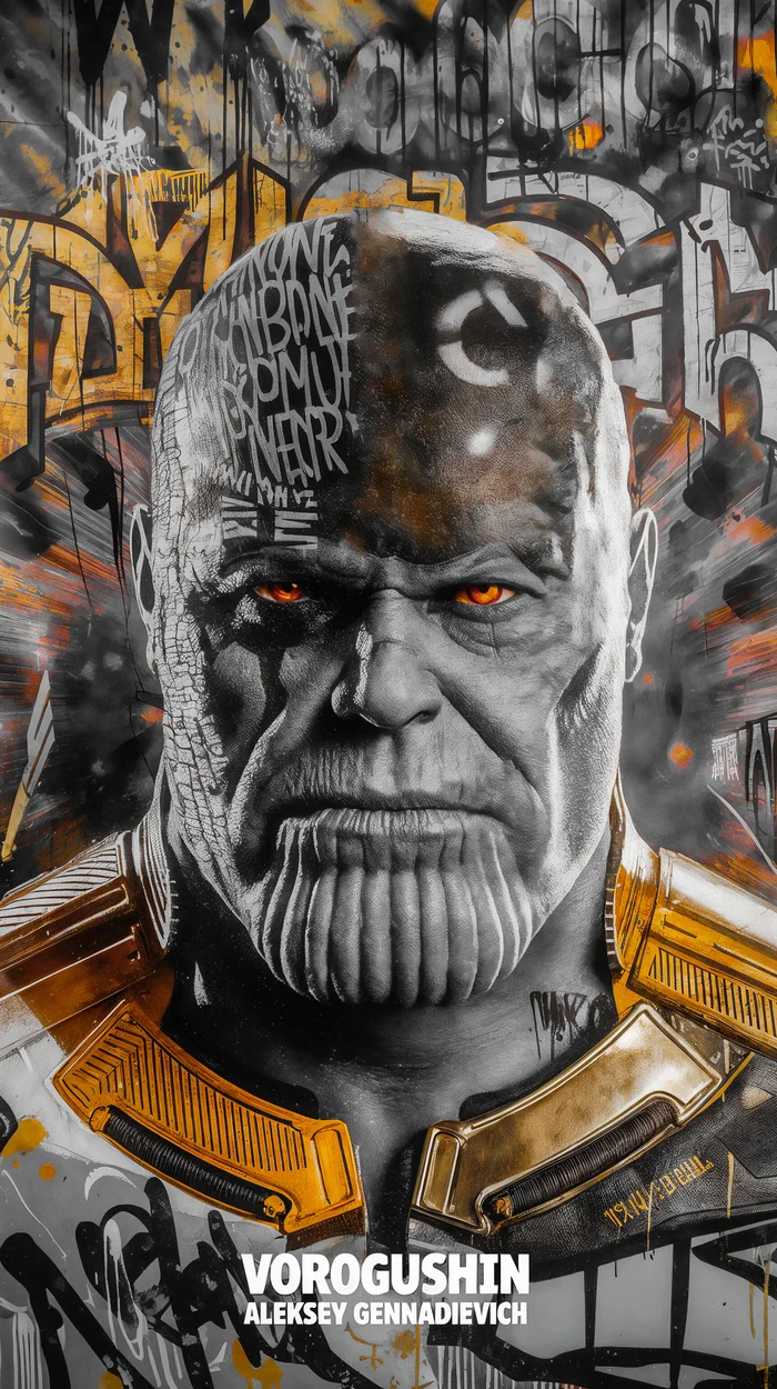 Contemporary artist: Vorogushin Alexey Gennadievich. Thanos in street art style. AI artist - My, Dall-e, Digital, Нейронные сети, Phone wallpaper, Neural network art, Art, Street art, Desktop wallpaper, Thanos, Marvel, Comics, Computer graphics, Art, Modern Art, Cover, Midjourney, Masterpiece (Yandex), Artificial Intelligence, Digital drawing, Longpost