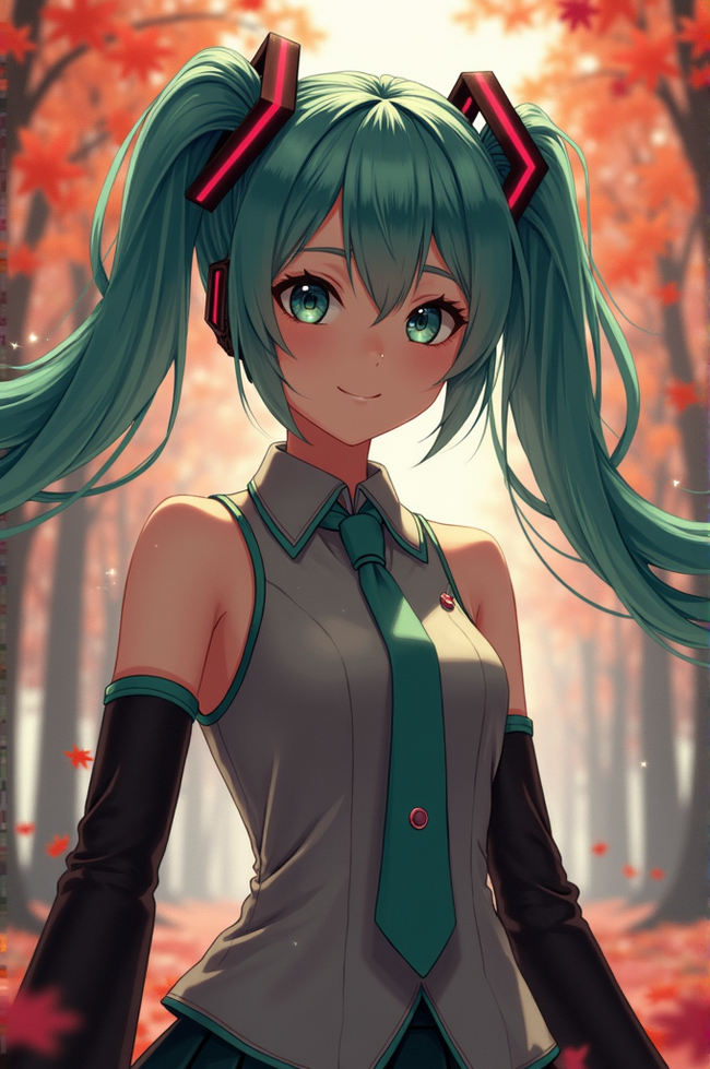 Today is certainly not Friday. Just sweet Miku. - My, Neural network art, Anime, Hatsune Miku, Longpost, Steampunk, Autumn, Portrait