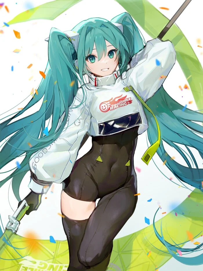 Hatsune Miku #157 - Аниме, Anime Art, Hatsune Miku, Девушки, Длинные волосы, Флаг, Racing Miku, Улыбка, Bodysuit